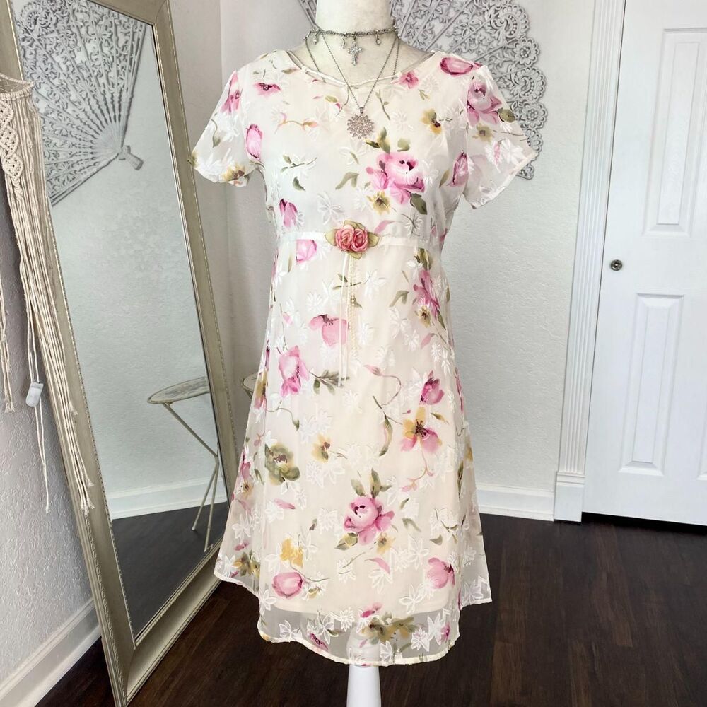 White Pink Mesh Romantic Cottage Core Floral Babydoll Rosebud Mini Dress XS S